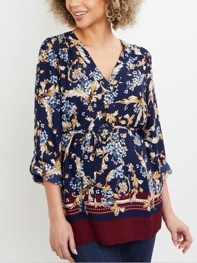 Motherhood Maternity Navy Floral Long Sleeve Blouse with Burgundy Border